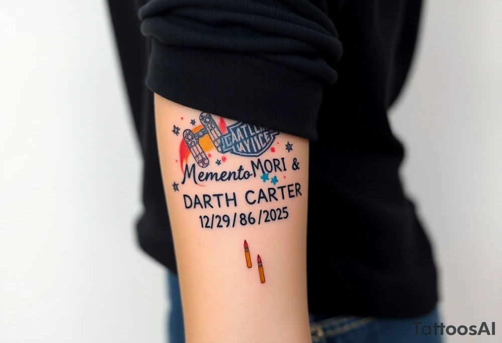 colorful futuristic memory tattoo for passed boyfriend;, star wars, space, Harley Davidson, batman, skateboarding, camping, puzzle pieces, video games, heaven, god, outdoors, bullets, words MEMENTO MORI & DARTH CARTER 12/29/88-01/06/2025 tattoo idea
