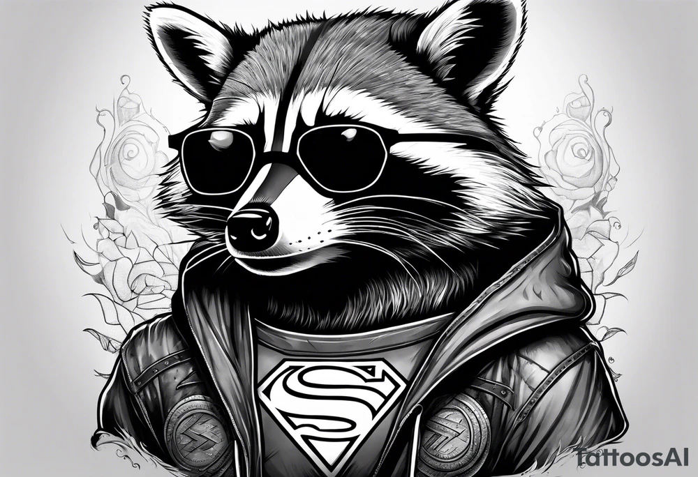 raccoon wearing a Superman hoodie tattoo idea
