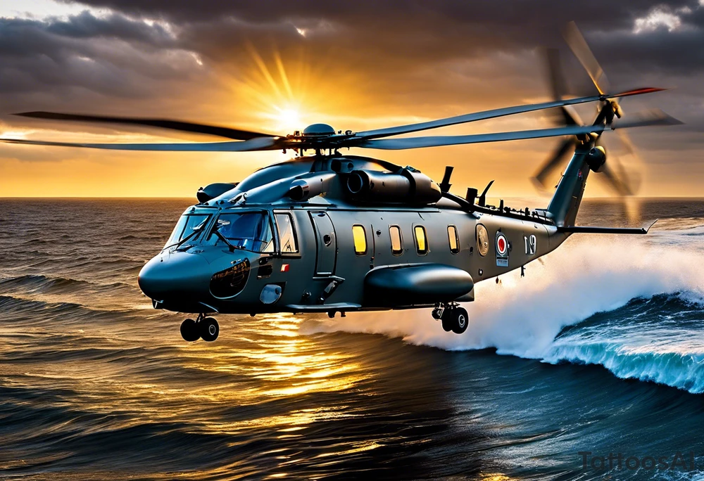 Canadian military grey CH-148 Cyclone helicopter soaring low over rough, ocean waves. The sun is setting, casting a dramatic glow on the scene with realistic clouds and a specular reflection of the helicopter on the water. The helicopter should be the main focus, with intricate details and a sense of motion. In the background, a poppy be prominently displayed tattoo idea