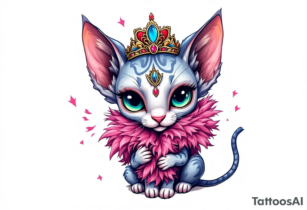 Chibi new school Glamorous sphinx cat holding 
pink feather boa and wearing a crown tattoo idea