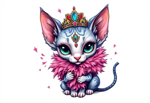 Chibi new school Glamorous sphinx cat holding 
pink feather boa and wearing a crown tattoo idea