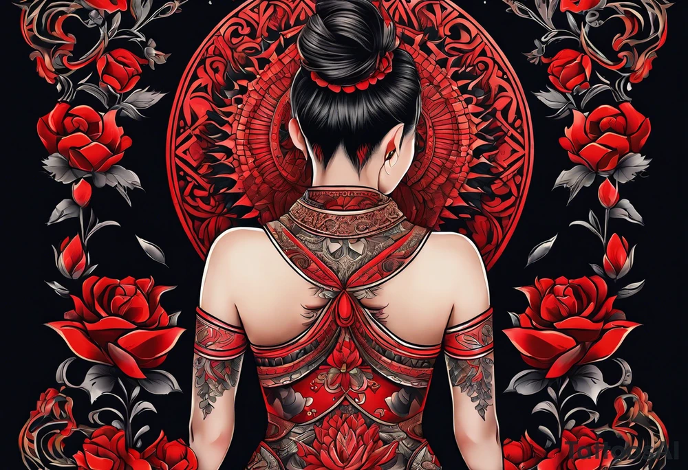 red full body tattoo on the back from top to bottom tattoo idea