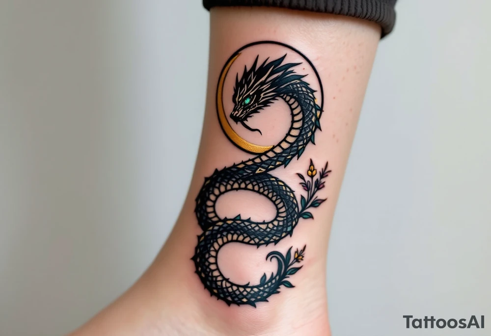 A sleek black and gold serpent, coiled elegantly around a crescent moon, with shimmering emerald-green eyes. Its scales are detailed with subtle iridescent highlights, and its tongue flickers as if whispering secrets. Delicate floral accents wrap around the tail, symbolizing transformation and rebirth. tattoo idea