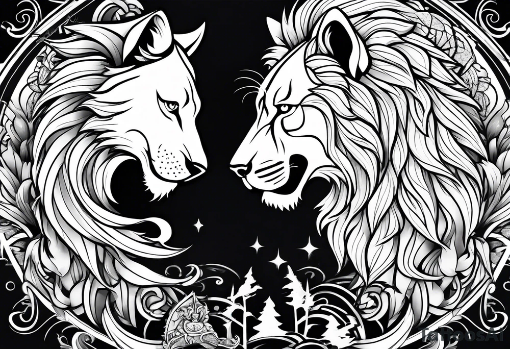 lion and wolf together but playful tattoo idea