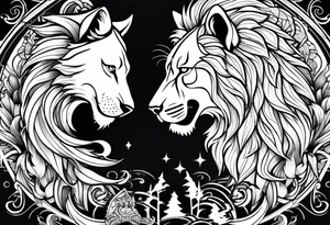 lion and wolf together but playful tattoo idea