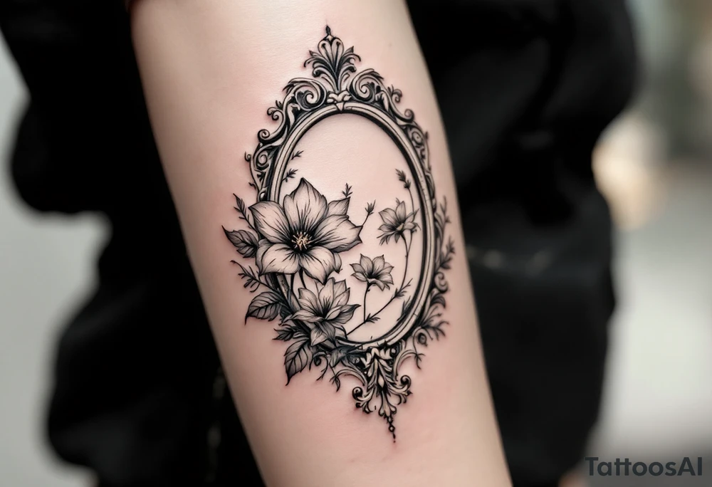 antique mirror with december birth flower in it tattoo idea