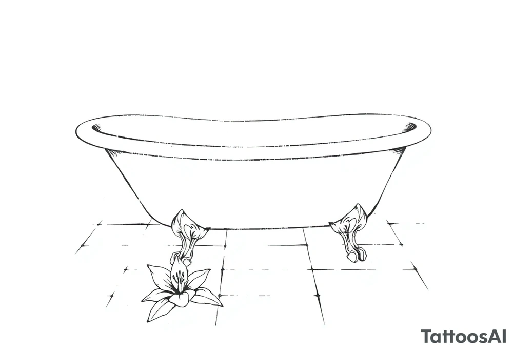 Clawfoot bathtub with lily coming up from tile floor tattoo idea