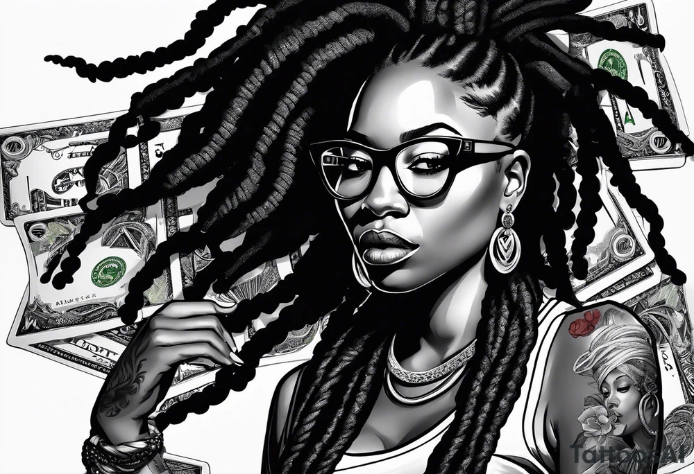 african woamn with dread locks and un glasses biting money playing poker tattoo idea