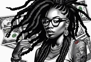 african woamn with dread locks and un glasses biting money playing poker tattoo idea