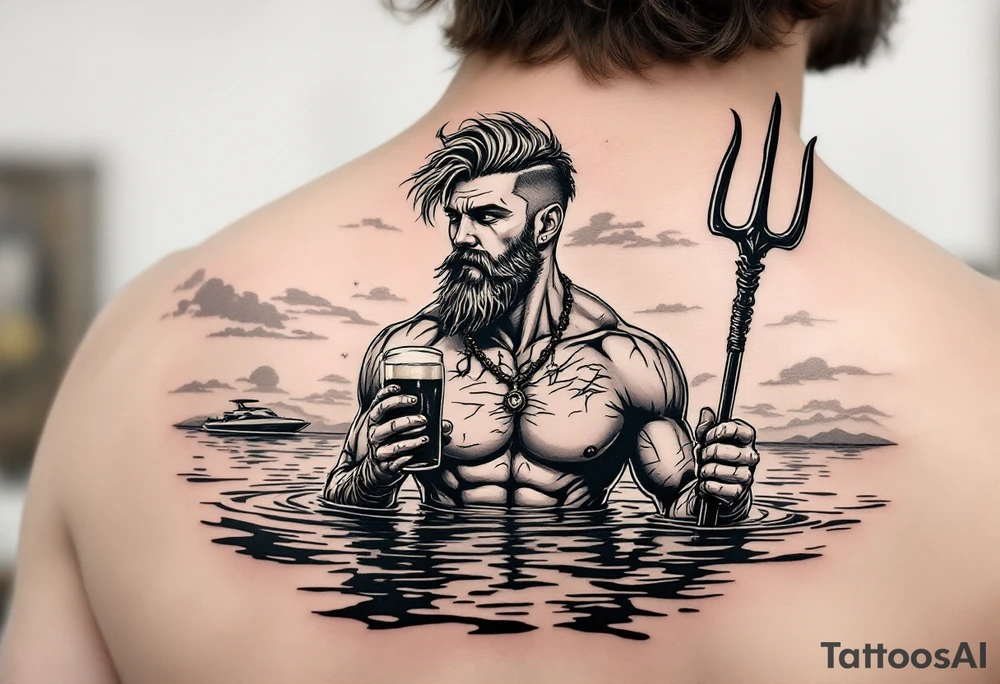 young, happy, fit, very short hair, poseidon in calm water, holding a trident, drinking a beer, with sunset, with ski boat tattoo idea