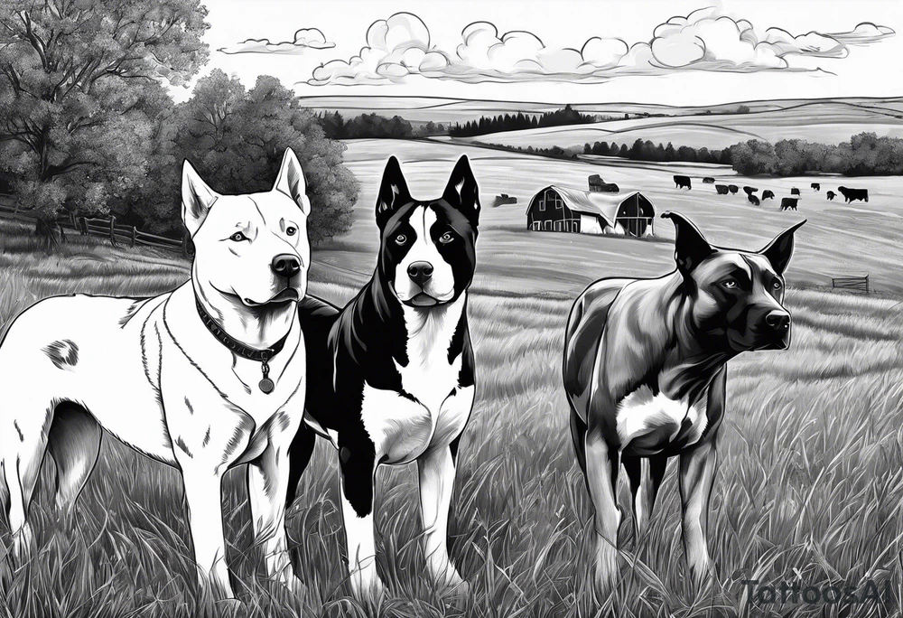 husky and pitbull looking at cows in cow pasture tattoo idea