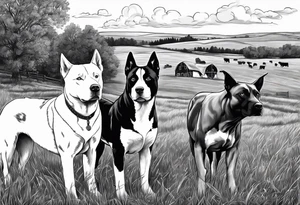 husky and pitbull looking at cows in cow pasture tattoo idea