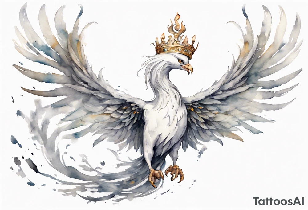 a white phoenix-serpent hybrid wearing a silver crown, flying in the air tattoo idea