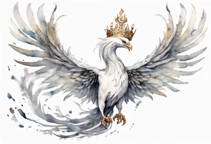 a white phoenix-serpent hybrid wearing a silver crown, flying in the air tattoo idea