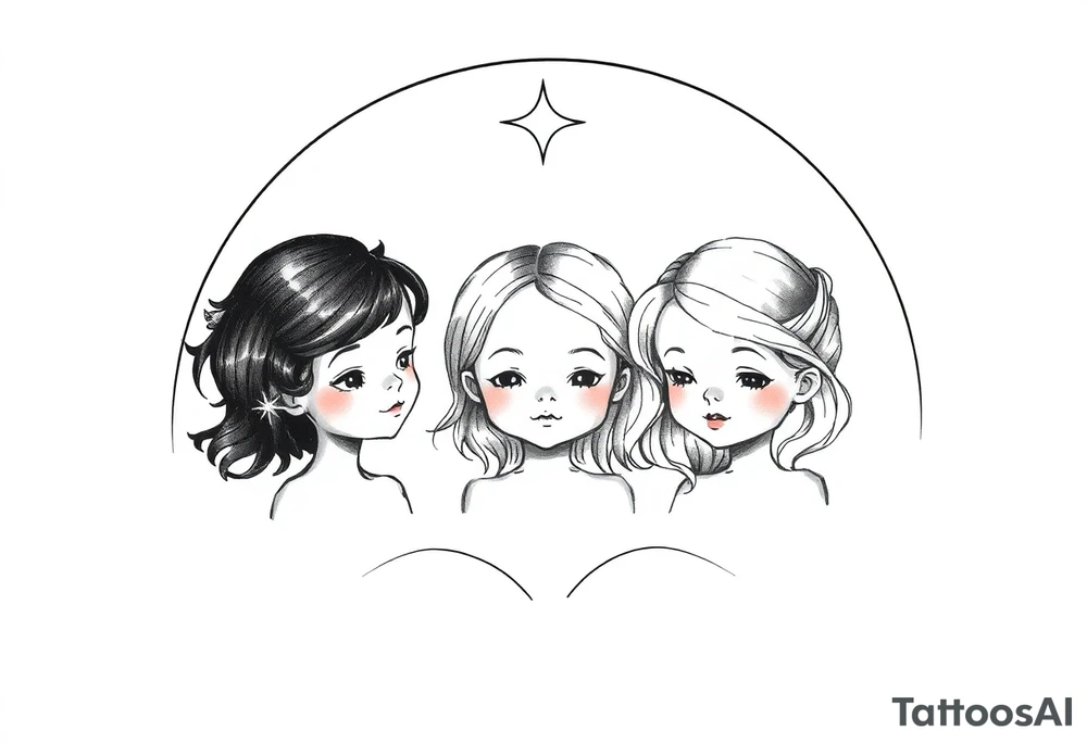 3 petites filles ( une cheveux noir et deux blondes)
sous un arc en ciel incomplet tattoo idea