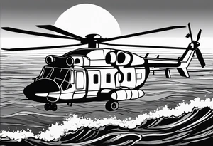 canadian military grey helicopter cyclone CH-148, a helicopter flying over rough water, Clear sky, sunset
, military art, ocean specular, highly detailed background, poppy flower tattoo idea