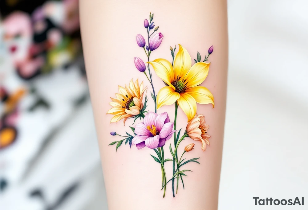 Small yellow sunflowers and simple stargazer Lilly in pale pink and pale purple tulip buds in a dainty wildflower bouquet with light green stems. No outlines on the flowers. Include feminine stem lines. tattoo idea