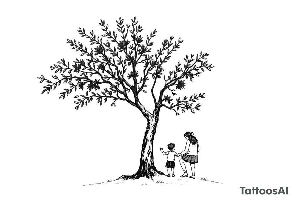 A big olive tree with a child and his parents picking it tattoo idea