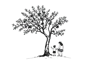 A big olive tree with a child and his parents picking it tattoo idea