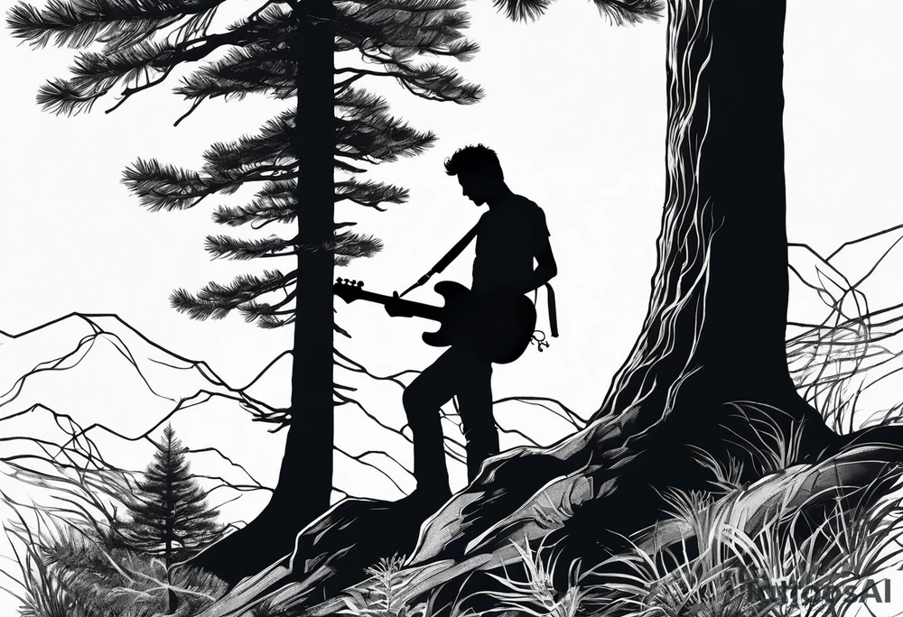 silhouette of a man standing under a pine tree playing electric guitar tattoo idea