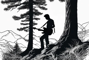 silhouette of a man standing under a pine tree playing electric guitar tattoo idea