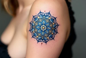 A radiant wheel of dharma (Dharma Chakra) in deep blue and gold, with intricate patterns, symbolizing the path of righteousness. tattoo idea