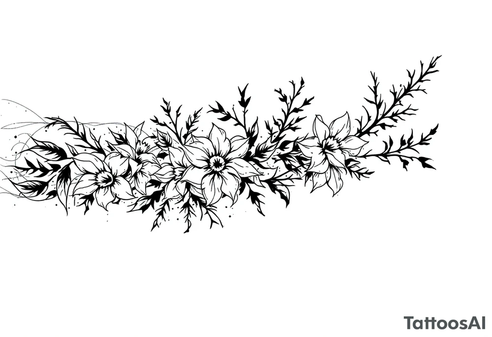 starting from a band mid-forearm, a sleeve of holly flowers and daffodils tattoo idea