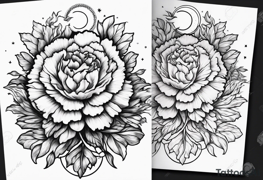 Carnation with sun and moon background tattoo idea