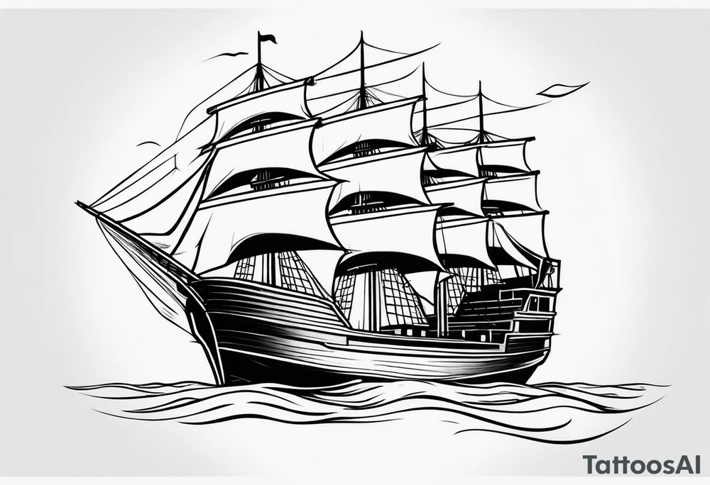 large and dark wooden ship facing left 2 dimensional tattoo idea