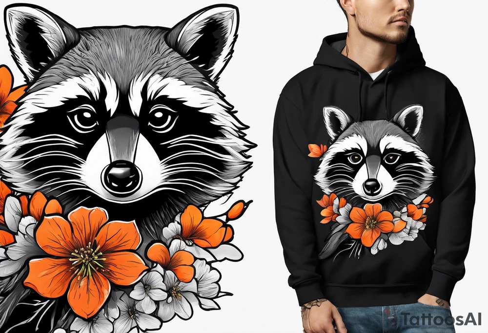 Raccoon wearing a white Superman logo on a black hoodie and orange Japanese cherry blossoms beside tattoo idea