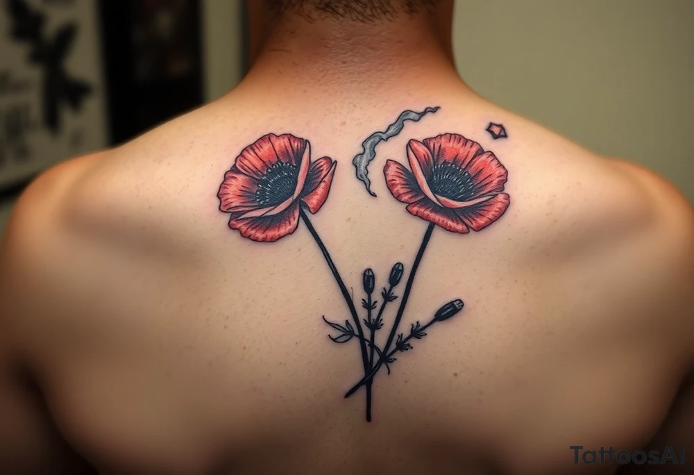 Big army inspired loss of friends 2 red poppy’s, and smoke tattoo idea