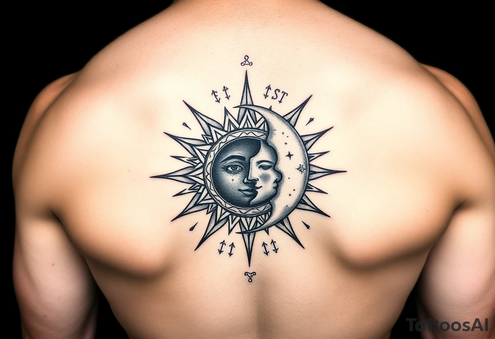 celestial sun and moon embrace with constellation patterns tattoo idea