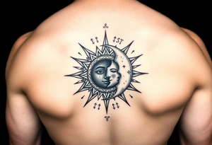 celestial sun and moon embrace with constellation patterns tattoo idea
