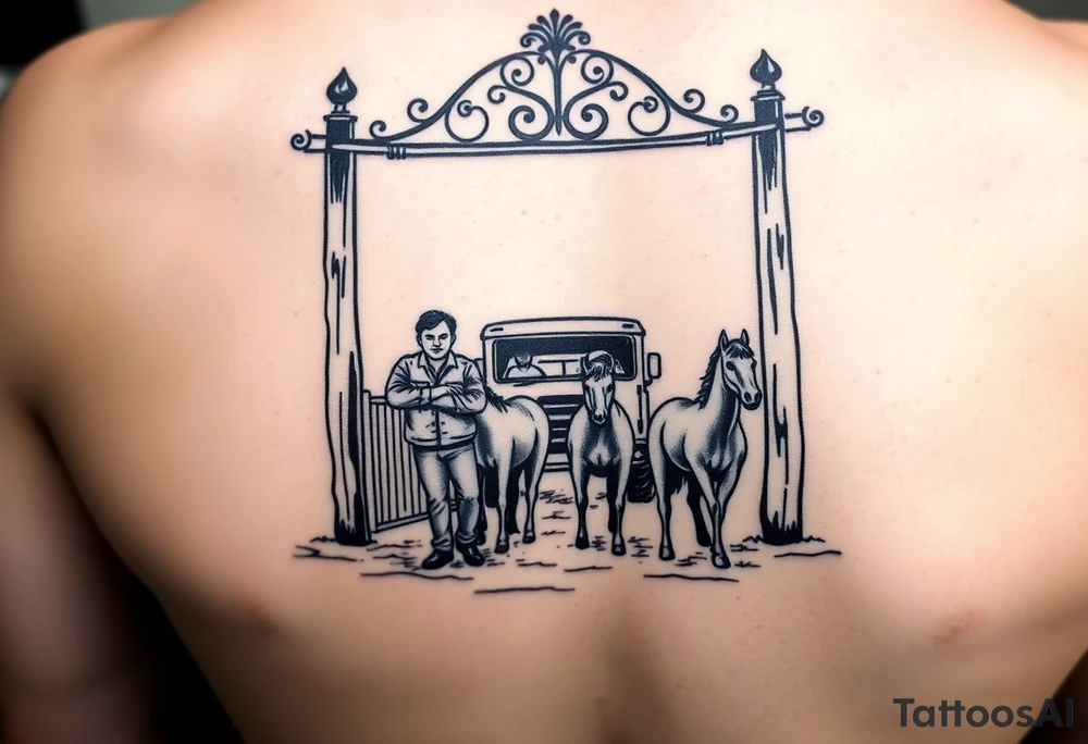 Gate with a man leaning on it feeding horses with a squatted truck in the back tattoo idea
