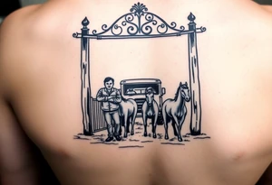 Gate with a man leaning on it feeding horses with a squatted truck in the back tattoo idea