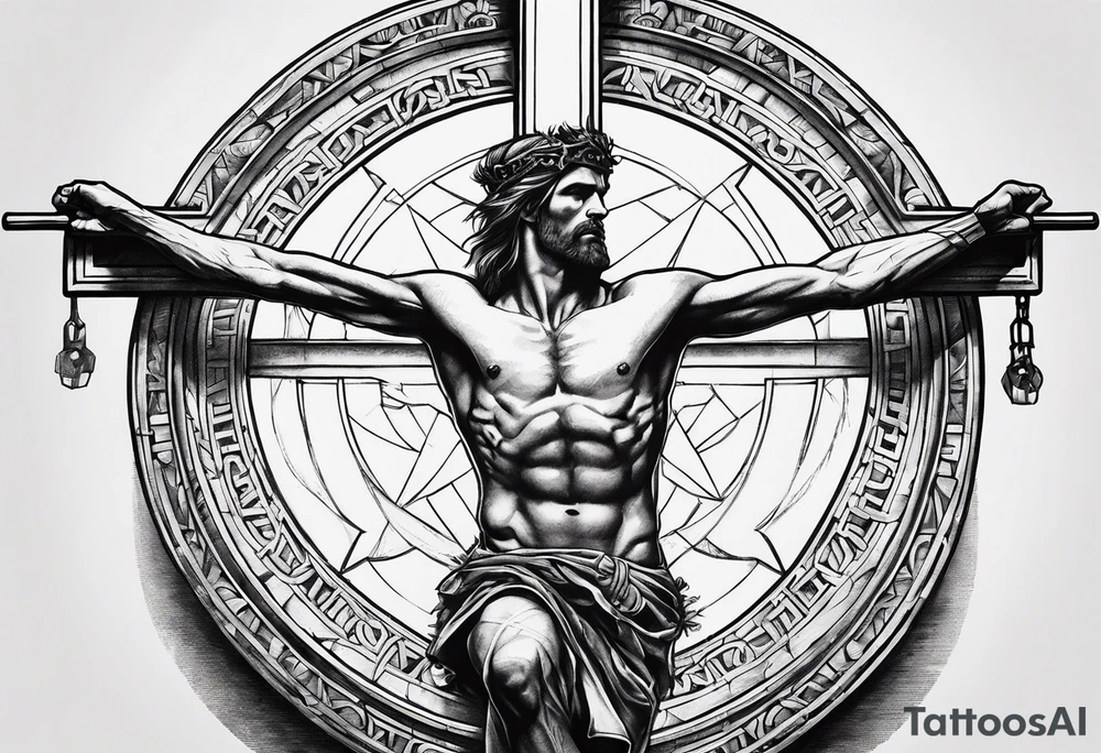 Crucified man in roman numerals circle tattoo idea