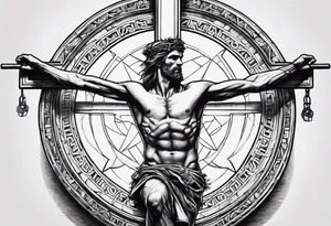 Crucified man in roman numerals circle tattoo idea