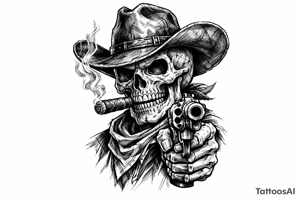 skull with cowboy-hat,a big cigar in his mouth and a gun in a hand. tattoo idea