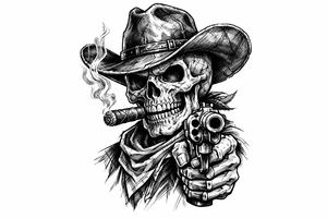 skull with cowboy-hat,a big cigar in his mouth and a gun in a hand. tattoo idea