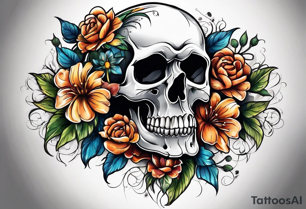 skull with flowers growing on top of its head tattoo idea
