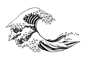 Blackwork tattoo design of flowing Japanese water waves, bold lines, traditional style, minimal background, dynamic movement, vertical composition for forearm tattoo idea