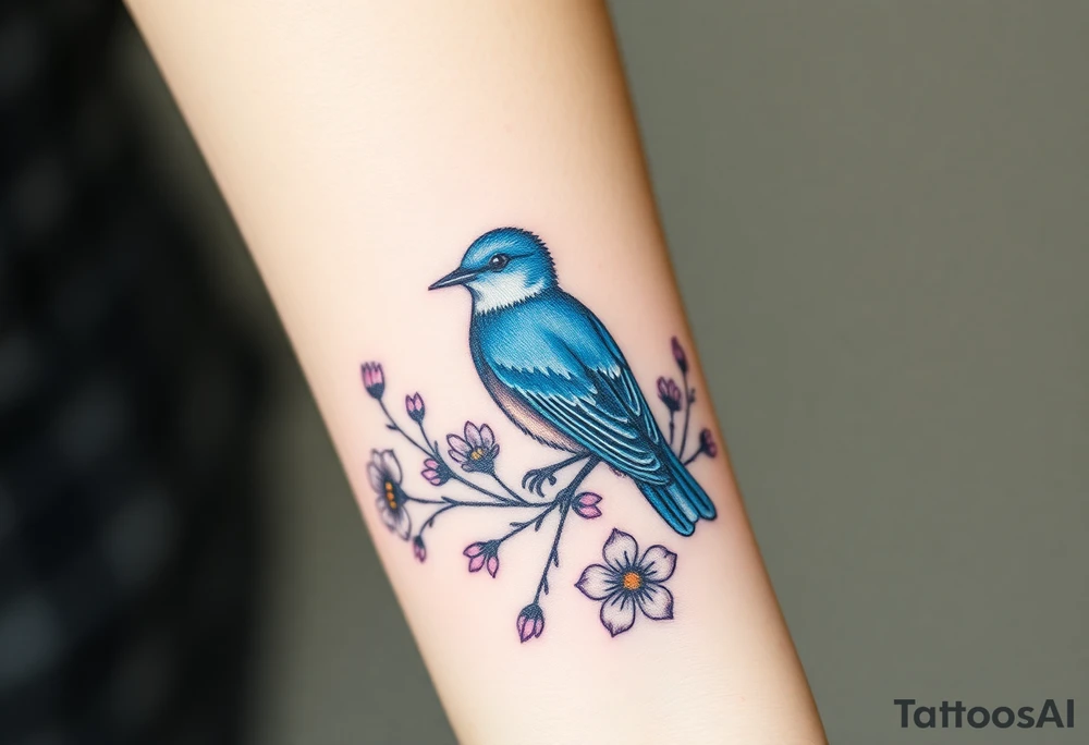 Puffy bluebird surrounded by wild flowers tattoo idea