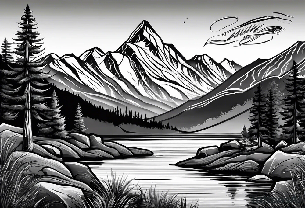 fishing lure mountains tattoo idea