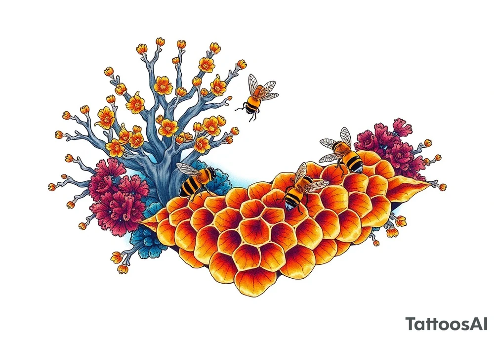 Coral reef scene with honey bees swimming on honey comb tattoo idea