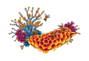 Coral reef scene with honey bees swimming on honey comb tattoo idea