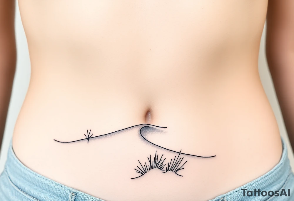 Landscape of sand dune and peasible sea (like in the north of France) in a minimalist style. We have to see the sea in the background tattoo idea