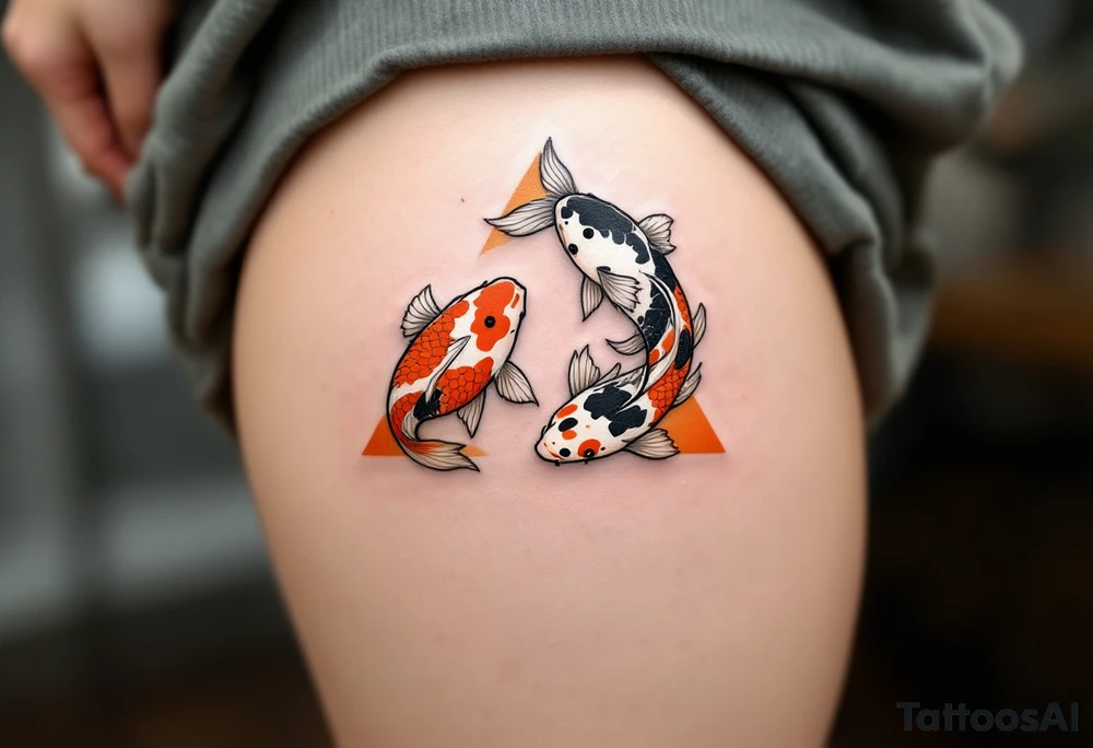 A triangle formed by three koi fish in orange, black, and white, swirling in harmony. tattoo idea
