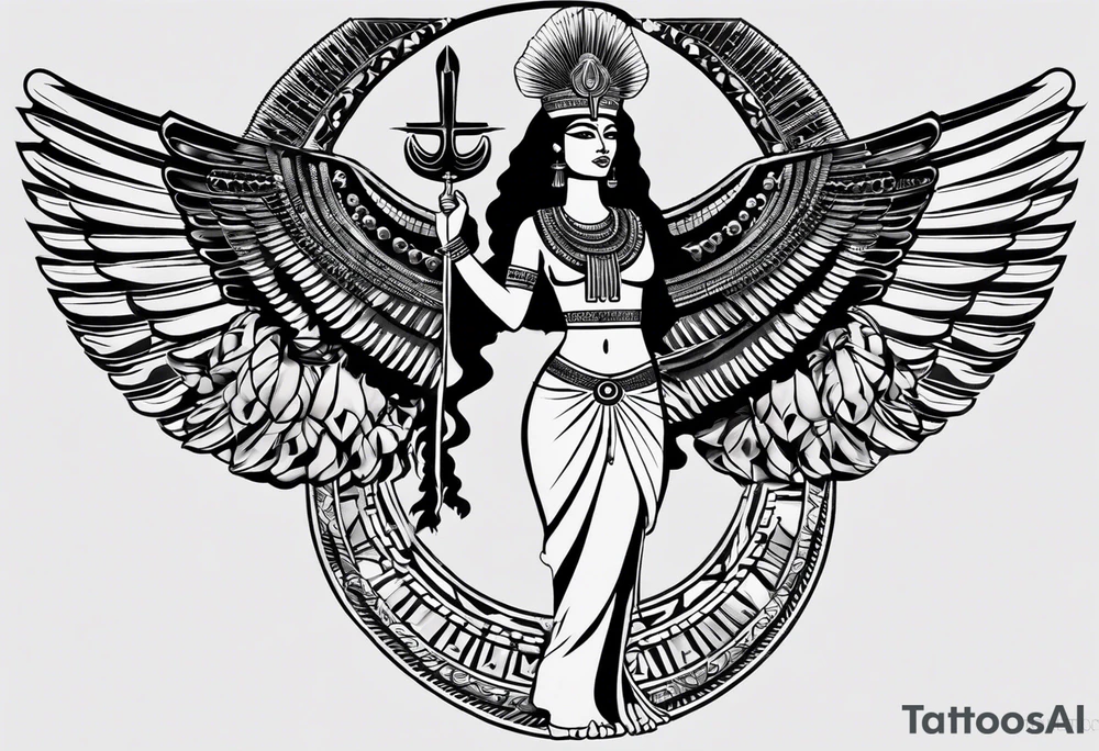 black and white Egyptian goddess Isis, who is often depicted as a woman with outstretched wings, holding an ankh (a symbol of life) in one hand and a lotus flower in the other. Her headdress often includes a throne or a solar disk. The tattoo design can vary in style and size, but it typically aims to capture the essence of this revered Egyptian deity, emphasizing her beauty, power, and maternal qualities. The choice of colors and additional elements can also be customized to create a unique and visually striking representation of the goddess Isis tattoo idea