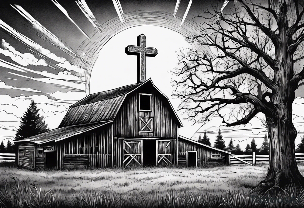 barn with a tree in front and woods behind with a sun being down showing a cross tattoo idea