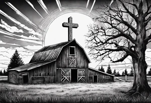 barn with a tree in front and woods behind with a sun being down showing a cross tattoo idea